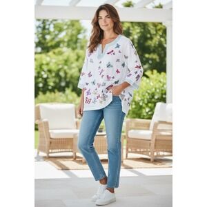 John Mark Size Large White Linen Blend‎ Butterfly Embroidery V-Neck Tunic NWT